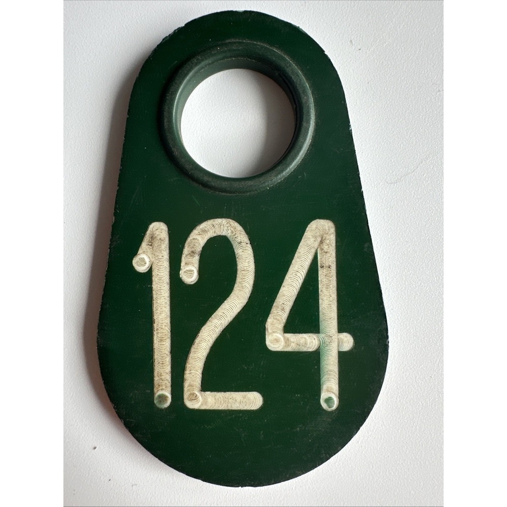 Vintage Cow Number Ear Tag Dairy Farm Cattle Sheep Marker #124 Double Side GREEN